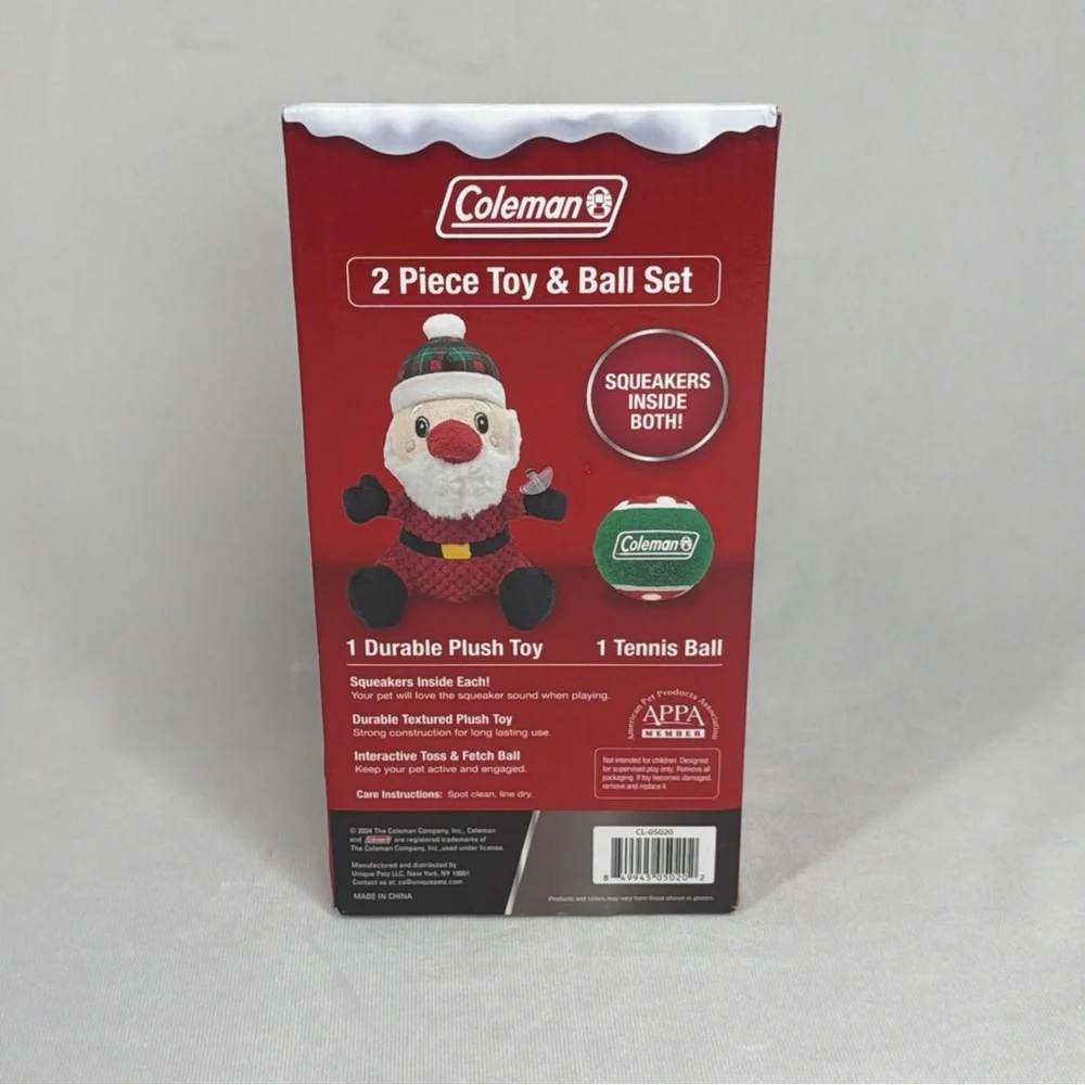 Coleman Christmas Santa Squeaker Tennis Ball 2‎ Piece Set, New